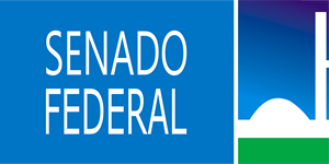 texto senado federal no fundo azul claro e logomarca do senado na lateral direita